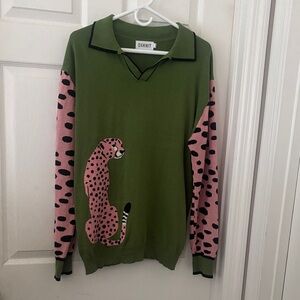Olive Green Sweater with Pink Leopard Motif